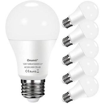 Onumii Bombilla LED E27 Blanco Frio 6000K, 12W 1200 Lúmenes Equivalente a 100W, No Regulable, Pack de 6 Unidades