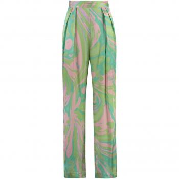 Pinko Women's Penati High-Waist Wide-Leg Trousers, Size 40, Color SN2, Multicolor Abstract Pattern, Printed Satin Pants - Multi Green/Pink - Size 40 IT/4 US