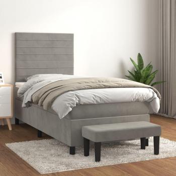 Cama box spring con colchón de muelles y terciopelo gris claro 90x190 cm