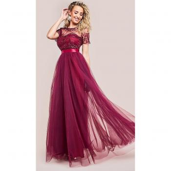 Goddiva Embroidered Mesh Maxi Dress - Burgundy