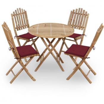 Set de comedor exterior plegable 5 piezas con cojines de bambú