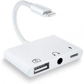 Lighting Adaptador audio USB, Adaptador Lector Cámara USB 3 en 1 con Puerto de Carga Rápida + Conector para Auriculares de 3,5 mm, Lector de Tarjetas de Soporte, para Phone 12/11 Xs XR X 8 7 6 / Pad