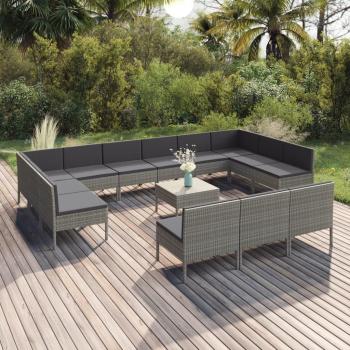 14-Piece Gray Poly Rattan Garden Lounge Set with Cushions