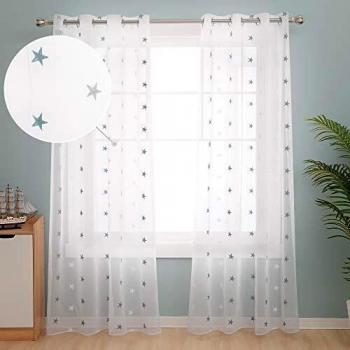 Deconovo Visillos para Ventanas Gasa Efecto Lino Cortina Transparente para Habitación Bebe Infantil 2 Paneles 140 x 229 cm Azul Verde