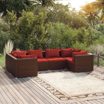 6-Piece Brown Poly Rattan Garden Lounge Set with Cushions
