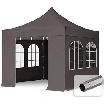 Carpa Plegable 3x3m Premium Acero 40mm con Laterales y Ventanas Arco, Gris Oscuro