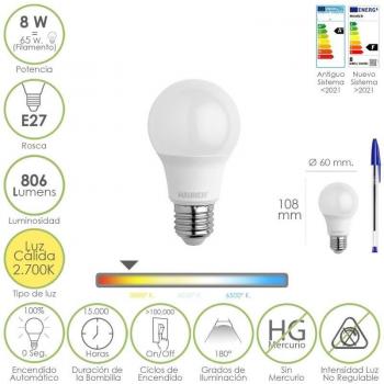 Bombilla LED Estandar Rosca E27 8W 806 Lúmenes Luz Cálida 2700K