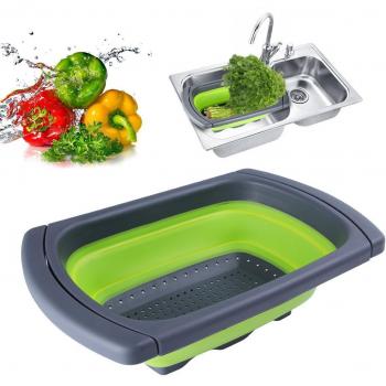 Colador plegable sobre el fregadero, Xuanlan Cesta de colador de cocina de silicona con mangos extensibles Ahorro de espacio, drenaje rápido, base antideslizante, caja fuerte para lavavajillas