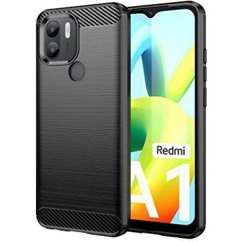 Funda Antigolpes de Silicona Negra para Xiaomi Redmi A1 Plus con Diseño en Fibra de Carbono y Absorción de Choque [Compatible Carga Inalámbrica]
