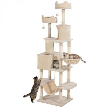 Pawhut Árbol Rascador para Gatos Grande 206 cm con Plataformas, Cuevas, Bolas Colgantes y Hamacas Beige