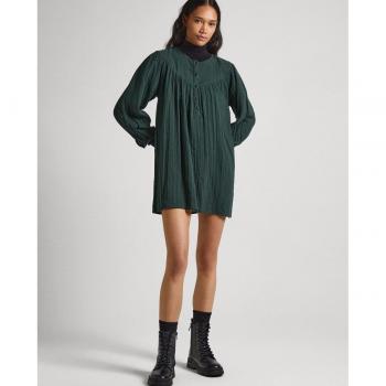 Vestido India verde en tejido waffle con medio cierre abotonado