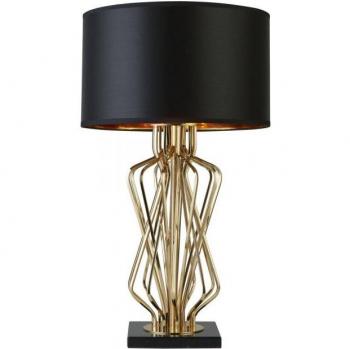 Lámpara de mesa Ethan con base de mármol dorado, pantalla tambor negra y interior dorado, 1 luz, casquillo E27