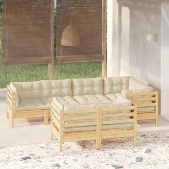 7-Piece Solid Pine Garden Lounge Set with Cream Cushions
