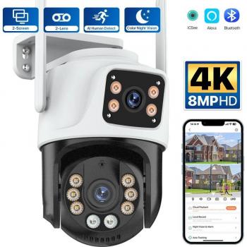 Cámara de Vigilancia PTZ 8MP 4K Wifi para Exteriores, Doble Lente, Impermeable, AI con Seguimiento Automático y Aplicación ICsee