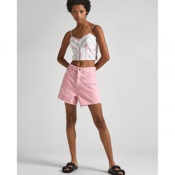 Short vaquero de tiro alto con bajo deshilachado para mujer
