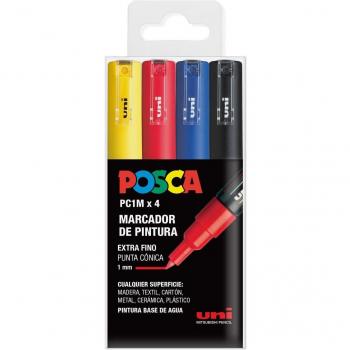 Estuche de 4 Marcadores de Pintura Base al Agua Uni Posca PC-1M/4C en Colores Básicos