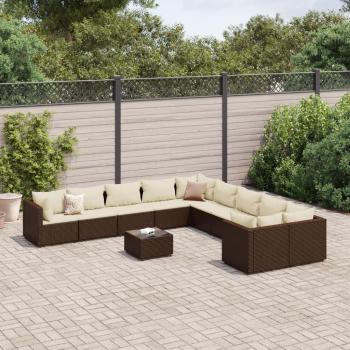 11-Piece Brown Poly Rattan Garden Sofa Set with Cushions