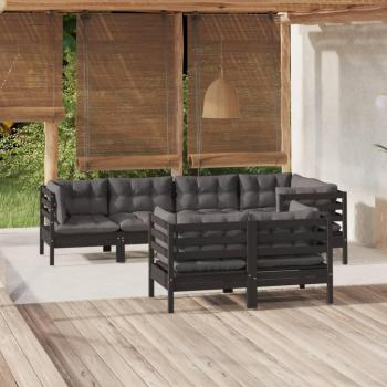 Muebles de jardín 7 pzas con cojines negros de madera maciza de pino