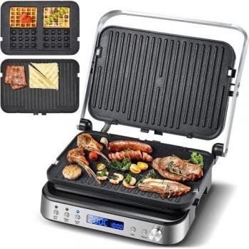 Grill Eléctrico 4 en 1 AMZCHEF - 2000W con Placas Antiadherentes Intercambiables y Ajuste Doble a 180º