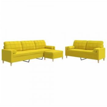 Conjunto de Sofás 3 Piezas con Reposapiés y Cojines de Tela en Color Amarillo Claro