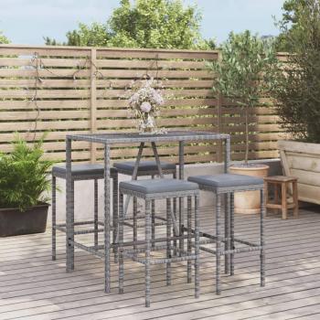 5-Piece Grey Poly Rattan Garden Bar Set with Cushions
