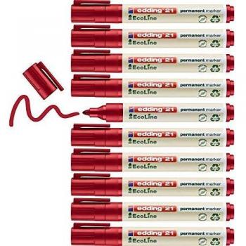 Edding 21 EcoLine marcador permanente - rojo - 10 rotuladores - punta redonda 1.5-3mm - indeleble de secado rápido - resistente al agua y los borrones - cartón plástico madera metal tela - universal
