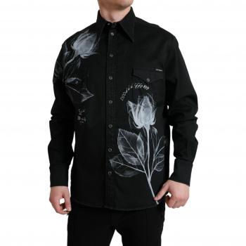 Dolce & Gabbana Black Floral Cotton Collared Dress Shirt - IT40 | M, Casual Shirt, Male, Size: L