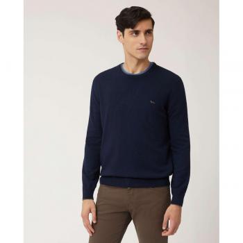 Harmont & Blaine Sophisticated Crew Neck Cashmere Blend Sweater - L, Round-neck Knitwear, male, Blue, Embroidered Crew Neck Sweater with Contrast Details