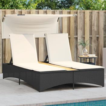 Tumbona Doble con Capota y Cojines de Ratán Sintético Negro, Gris, Beige - Sillas de Exterior Ideal para Jardín, Playa, Piscina, Terraza