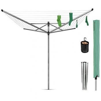 Brabantia - Lift-O-Matic - 50 Metres of Clothes Line - Adjustable in Height - UV-Resistant & Non-Slip Lining - Umbrella System - with Ground Spike 45 mm, Cover & Peg Bag - Metallic Grey - ø 295 cm