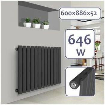 Radiador Horizontal Antracita Aquamarin, Acero, Panel Plano Simple, 600 x 886 x 52 mm, Sin Válvula, Ideal para Baño y Salón