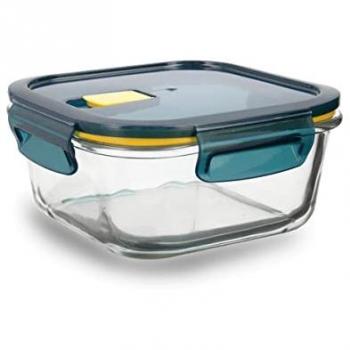 Recipiente Cuadrado Hermético de Vidrio Quid Astral 15,7x15,7x7,4cm - 80cl Azul con Tapa de 4 cierres herméticos 100%, válvula, recicl