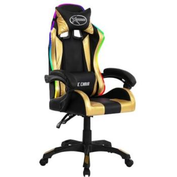 Sillón giratorio de oficina para videojuegos con LED RGB dorado y simil piel multicolor