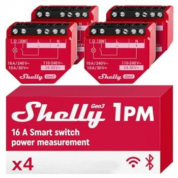 Interruptor Inteligente Shelly 1PM Gen3 - Pack de 4, Wi-Fi y Bluetooth, 1 Canal, hasta 16A, Medidor de Consumo, Control Remoto con App, Compatible con Alexa y Google Home