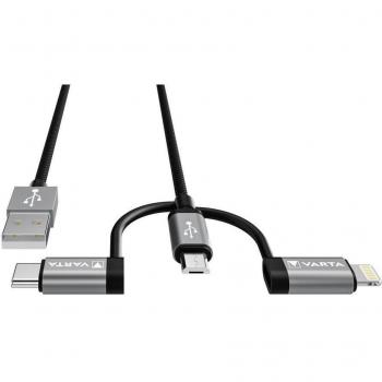 Varta 3-in-1 Charge & Sync Cable with Lightning, Micro USB, and USB-C Connectors, MFI Certified, Power and Data Transfer, 2m Length, Black Nylon