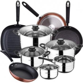 San Ignacio Toledo Batería de Cocina 8 Piezas en Acero Inoxidable con Juego de Sartenes (20/24/28 cm) y Grill 28 cm Moma Aluminio Forjado