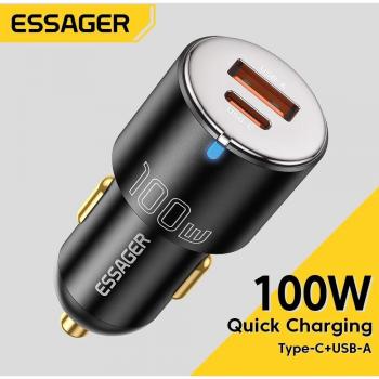 Cargador de coche Essager 100W USB Tipo C con carga rápida QC PD 3.0 para iPhone, Huawei, Samsung y laptops
