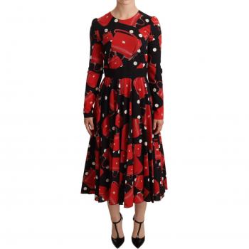 Dolce & Gabbana Black Sicily Bag Print Flared Midi Dress - IT38|XS, Midi Dresses, female, Multicolor, Size: 2XS Silk-Blend Sicily Bags Print Flared Dress