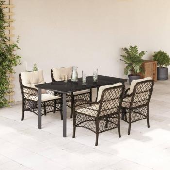 5-Piece Brown Poly Rattan Garden Dining Set with Cushions
