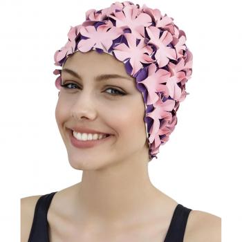 Gorro de baño de goma Fashy Flower Rosa/Púrpura con diseño floral, material de goma flexible, ajustable y resistente al agua, ideal para natación