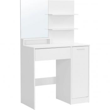Tocador moderno blanco con espejo grande, 2 estantes ajustables, 1 cajón y 2 estantes abiertos, organizador de maquillaje integrado