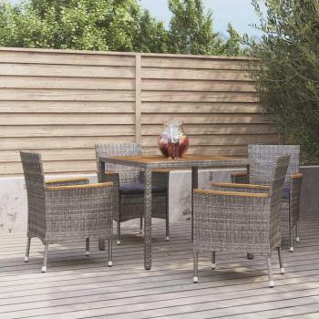5-Piece Grey Poly Rattan Garden Dining Set with Cushions