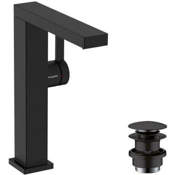 Grifo monomando alto cuadrado para lavabo Hansgrohe Tecturis E Fine 210, con caño giratorio, vaciador Push-Open y tecnología CoolStart en color negro mate