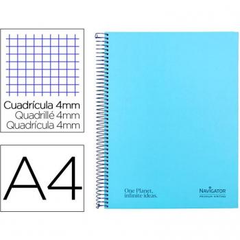Cuaderno espiral navigator A4 tapa dura 80h 80gr cuadro 4mm con margen azul claro