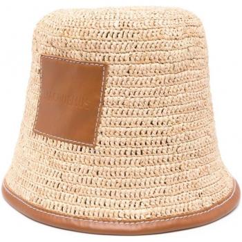 Jacquemus Le Bob Soli Bucket Hat in Leather Brown, Size 56, Raffia and Leather Detail