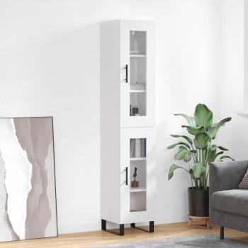 Aparador alto de madera contrachapada blanco brillo 34,5x34x180 cm con 1 puerta de cristal, mueble de almacenaje para salón, buffet y armario auxiliar