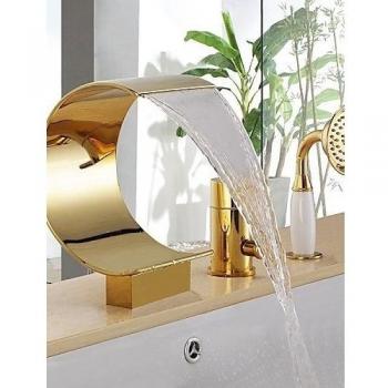 kissrain® antiguo ti-PVD tres agujeros sola manija cascada grifo de la bañera con ducha de mano