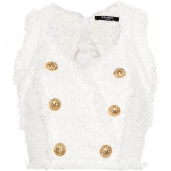 Balmain Women's White Tweed Halterneck Sleeveless Top, Size S, DF1AG560XC670FA