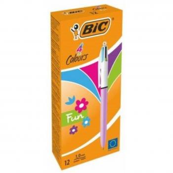 Bic 4 Colours Fun Bolígrafos Retráctiles - Pack de 12 - Punta Media de 1.0mm - Tinta a Base de Aceite en Rosa, Morado, Turquesa y Verde Lima