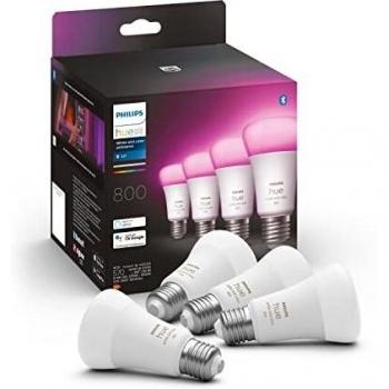 Philips Hue - Bombilla Inteligente, A60 E27, Luz Blanca y de Colores, 9W, Compatible con Alexa y Google Home - Pack de 4 Bombillas LED Inteligentes